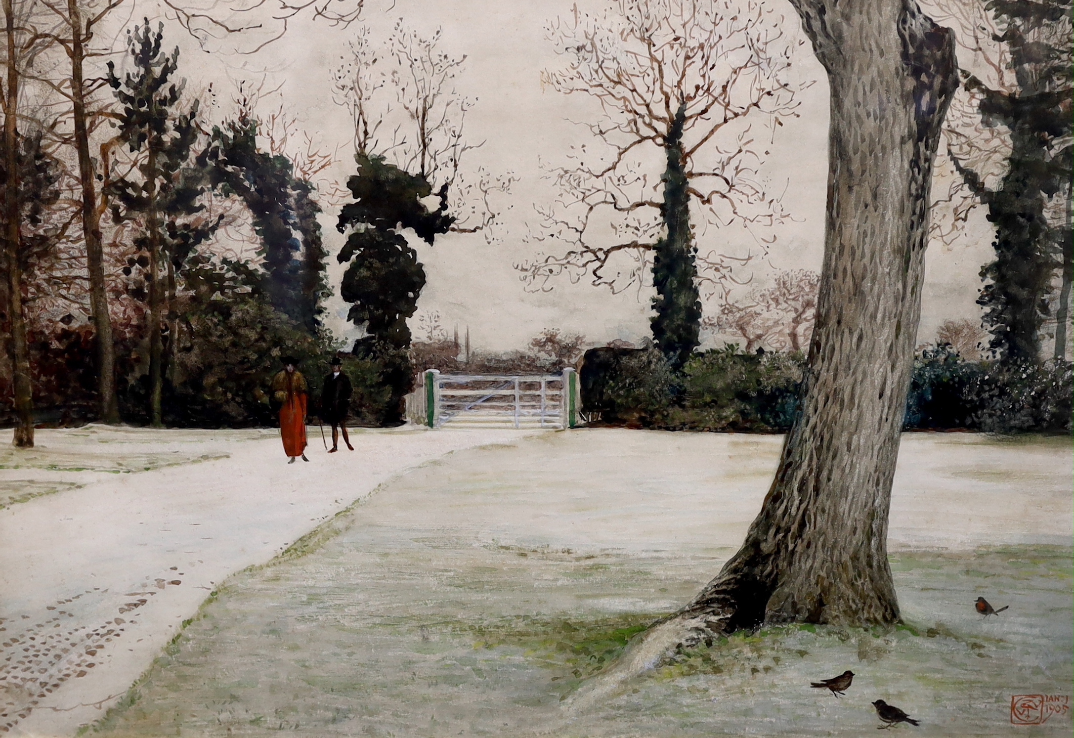 Walter Crane R.W.S. (English, 1845-1915), 'Yew Tree Farm, Brundish Farm, Suffolk (England, 1905)', watercolour heightened with white on board, 26 x 37.5cm